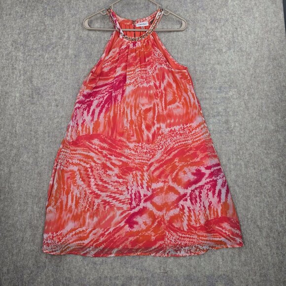 Calvin Klein Womens Halter Neck Dress Coral Pink Orange Abstract Chain Detail - Picture 1 of 7